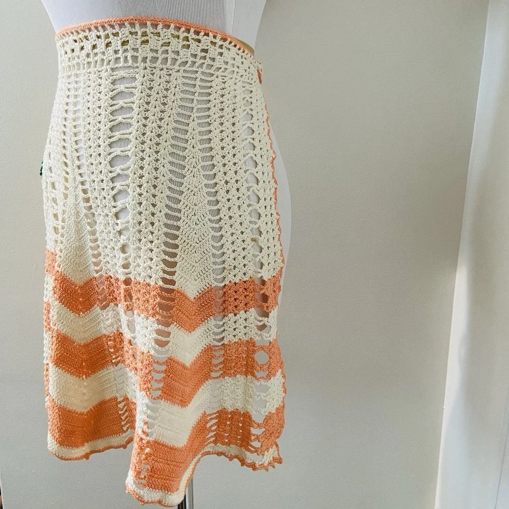 Vintage Orange Cream Floral Crochet Handmade Waist Half Apron Stripes Cafe Diner